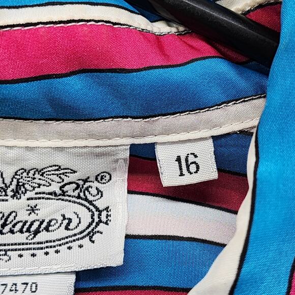 Vintage The Villager Top Womens 16 Pink Blue White Striped Tie Neck Button Front - Picture 6 of 9